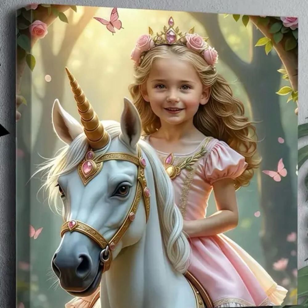 Pink Princess Girl Unicorn Canvas Art 12x12x1.2” size